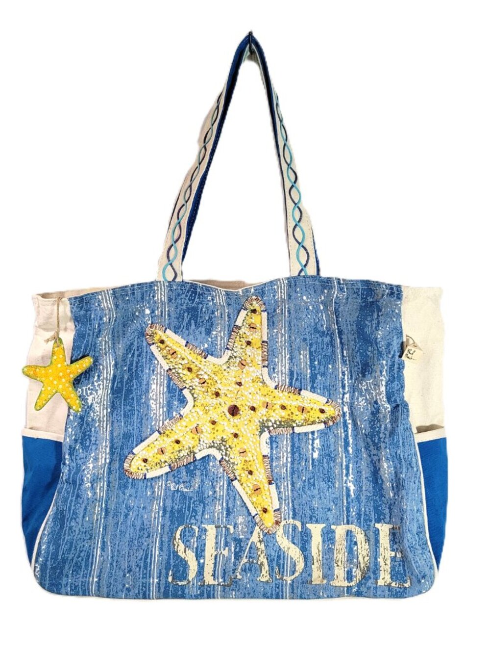 Paul Brent Seaside Starfish Canvas Beach Tote Bag Blue White Large Travel Cruise